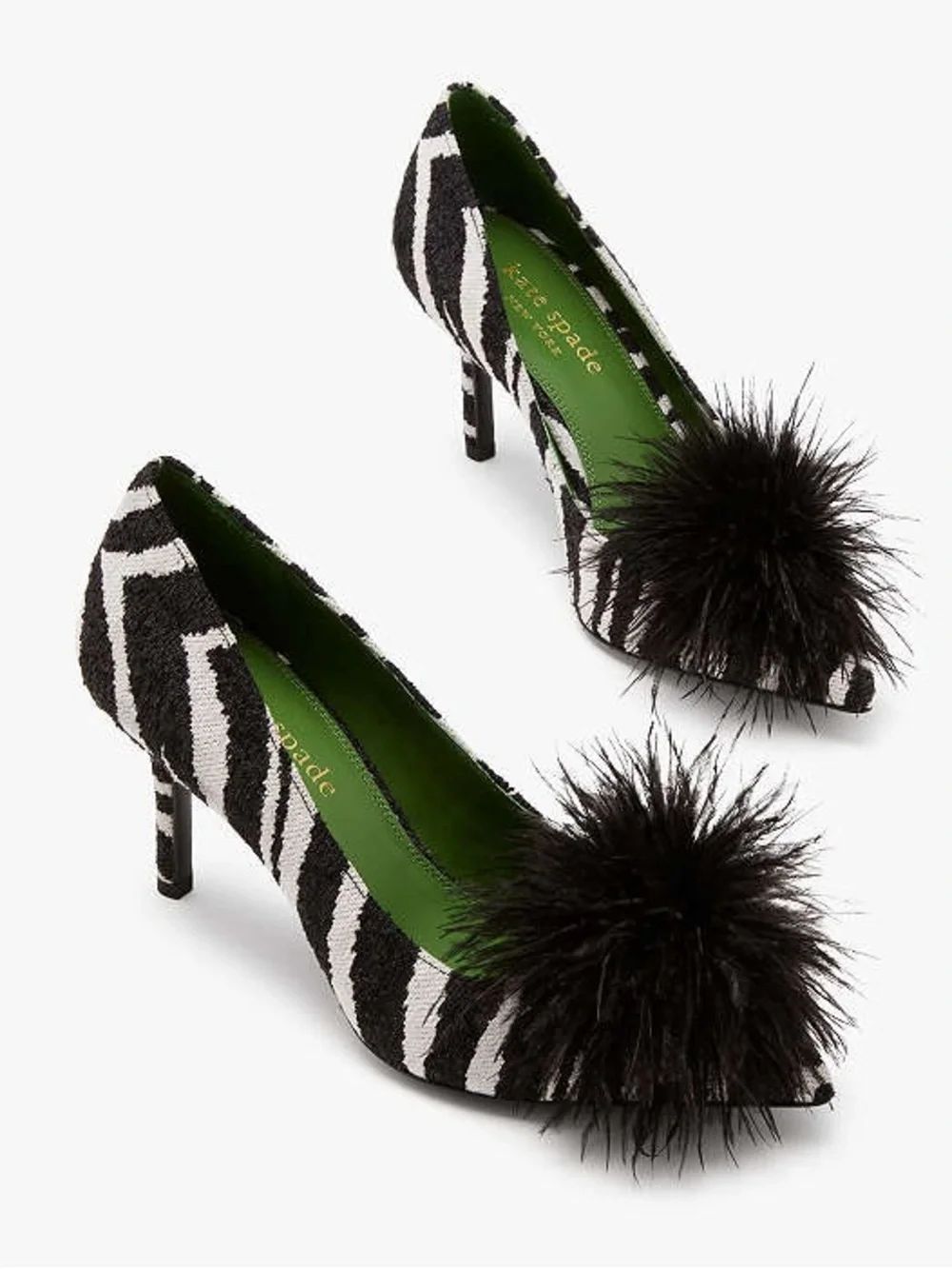 kate spade Black and White Zebra Pointed Toe Pumps with Black Feather Pom